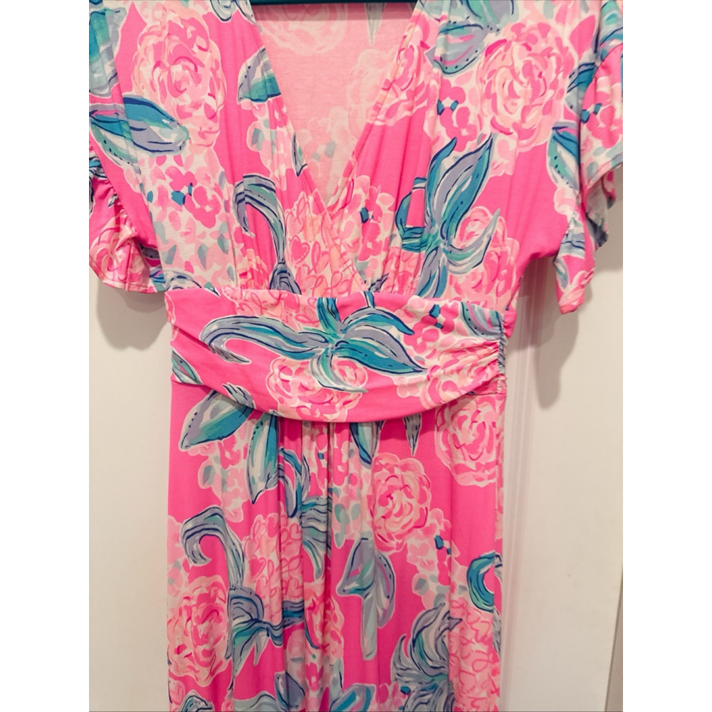 Lilly Pulitzer Maxi Dress Pink Positive Floral V-Neck Ruched Waist 58” Long Sml - Picture 5 of 10